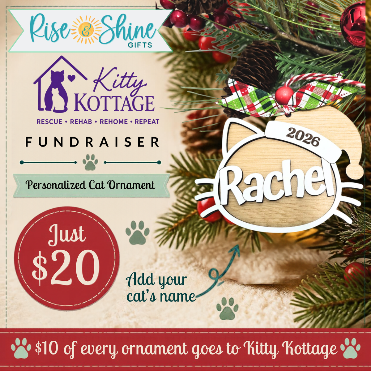 Kitty Kottage fundraiser personalized cat ornament with 2026 on the Santa hat, $20, $10 of every ornament goes to Kitty Kottage