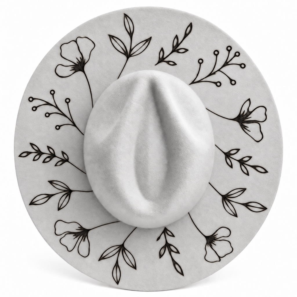 02 Flower Border A light gray wide-brim hat with a central crown and black line-art floral and leaf patterns around the brim, shown on a plain white background. Hat Burning and Hat Bar Workshop by Rise and Shine Gifts in Dothan, Alabama.