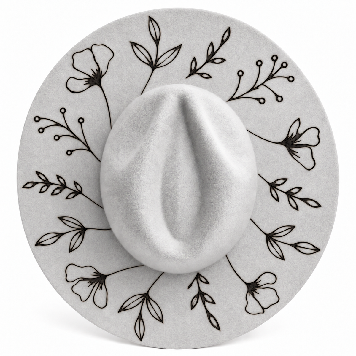 02 Flower Border A light gray wide-brim hat with a central crown and black line-art floral and leaf patterns around the brim, shown on a plain white background. Hat Burning and Hat Bar Workshop by Rise and Shine Gifts in Dothan, Alabama.