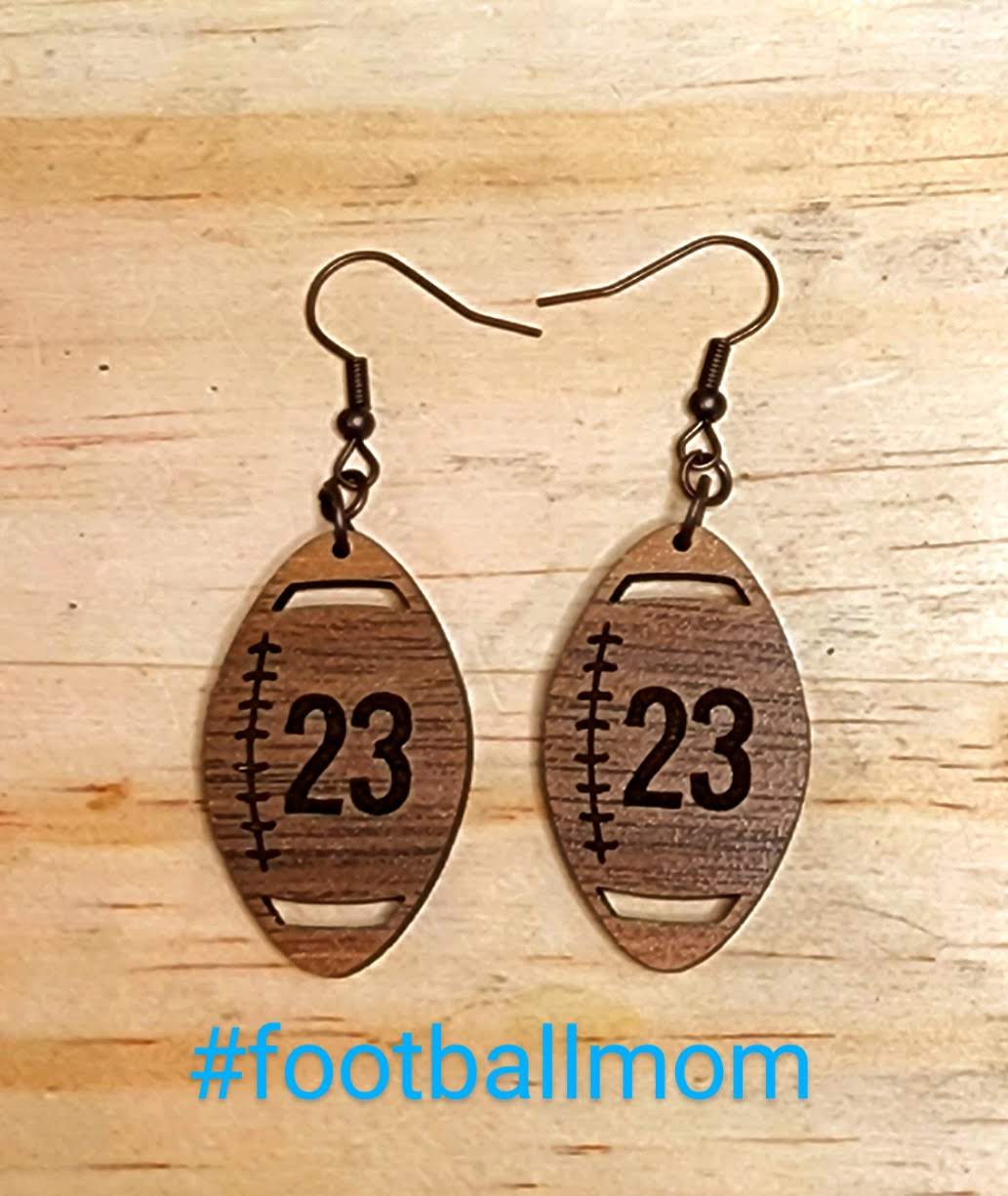 Personalized Engraved Walnut Wood Dangle, Nickel Free Football Shaped Earrings