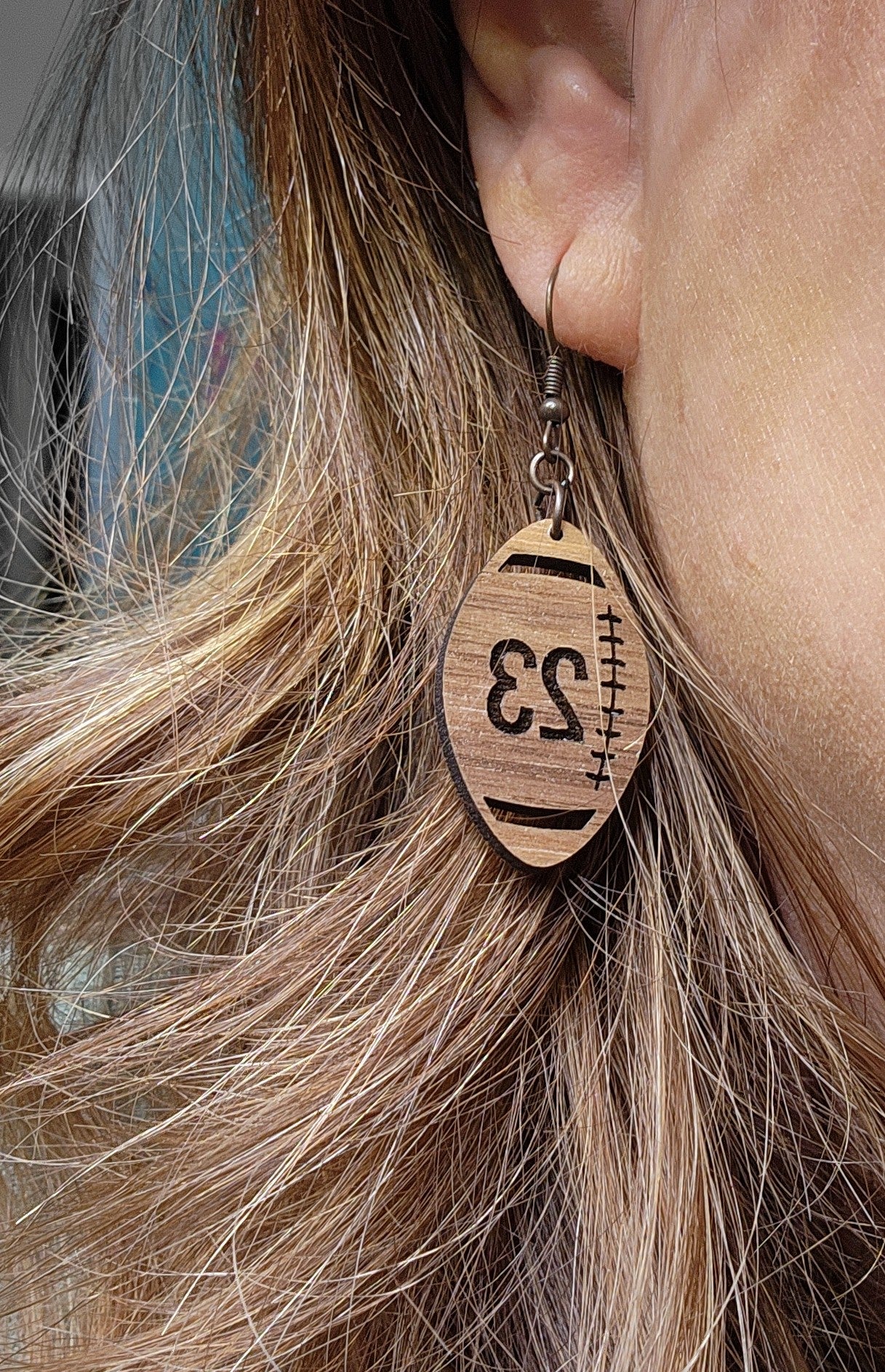 Personalized Engraved Walnut Wood Dangle, Nickel Free Football Shaped Earrings
