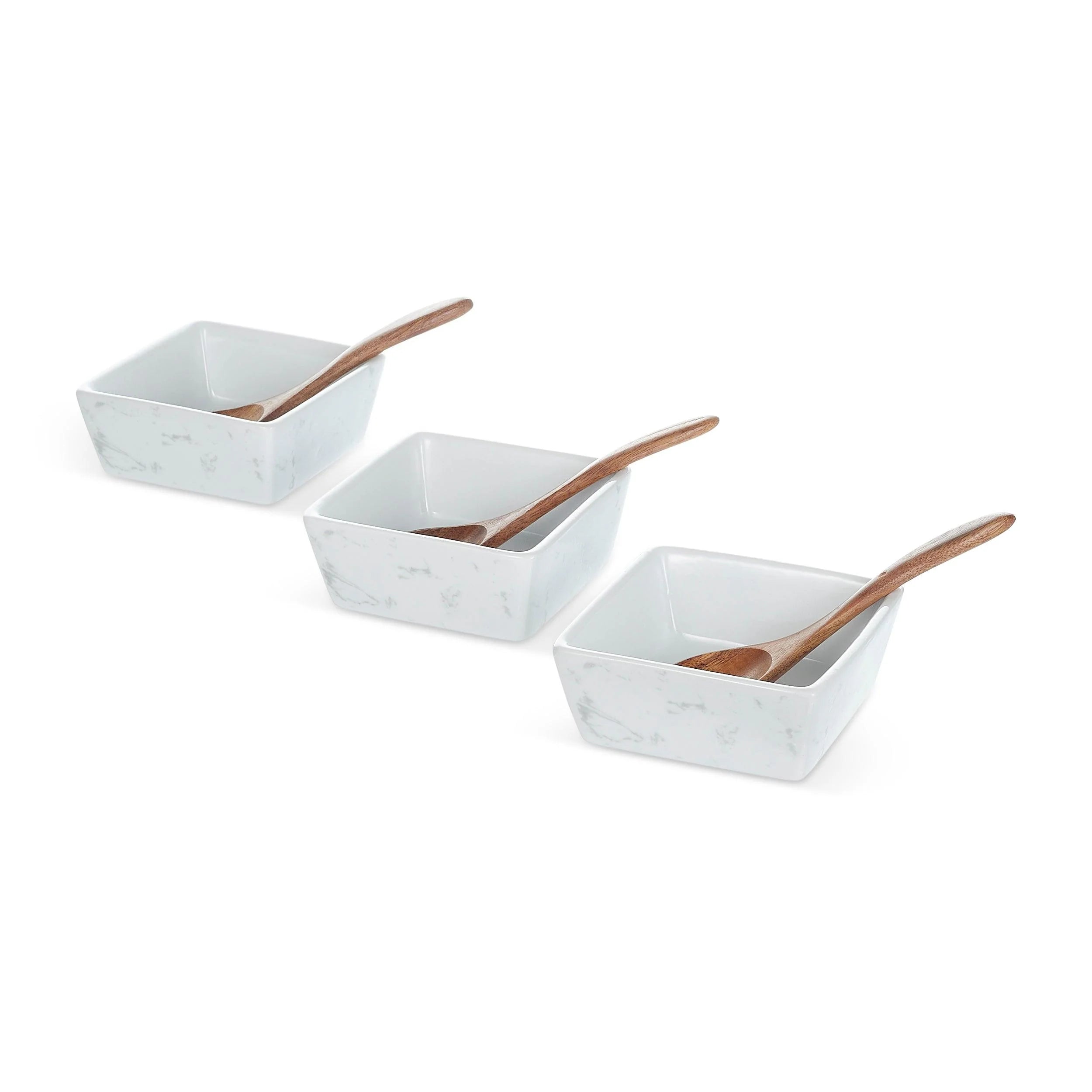 3 Ceramic Serving Dishes with wooden spoons