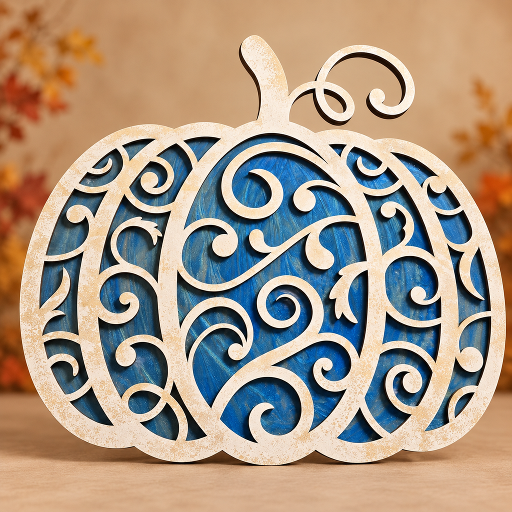 Blue and gold epoxy scroll pumpkin with 3D laser-cut scroll layer and fall leaves, handmade at an epoxy workshop by Rise and Shine Gifts in Dothan, Alabama SHINE-WS-002