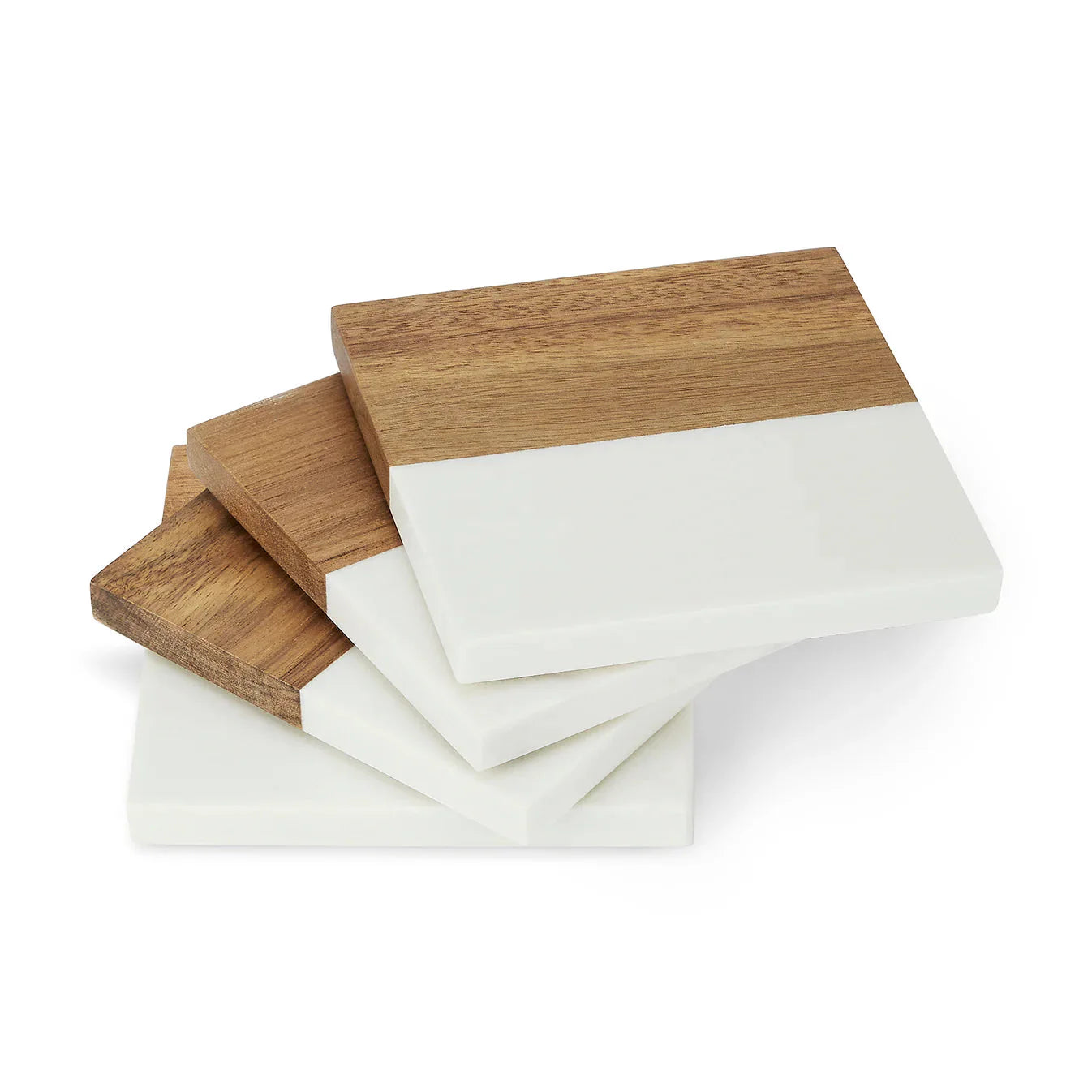 Set of wooden coasters with white pads on a white background