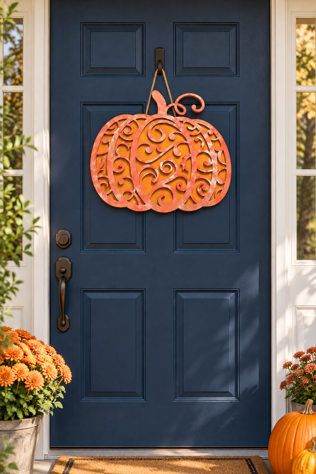 Orange epoxy scroll pumpkin door hanger on a navy front door, fall porch decor from a Rise and Shine Gifts epoxy workshop in Dothan, Alabama SHINE-WS-002