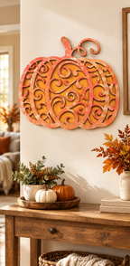 Orange epoxy scroll pumpkin wall decor in a fall hallway, made at an epoxy resin workshop by Rise and Shine Gifts in Dothan, Alabama SHINE-WS-002