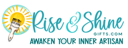Logo for 'Rise & Shine Gifts.com' with a paintbrush and sun design on a white background. Mobile and Pop Up Paint Parties in Dothan, Alabama