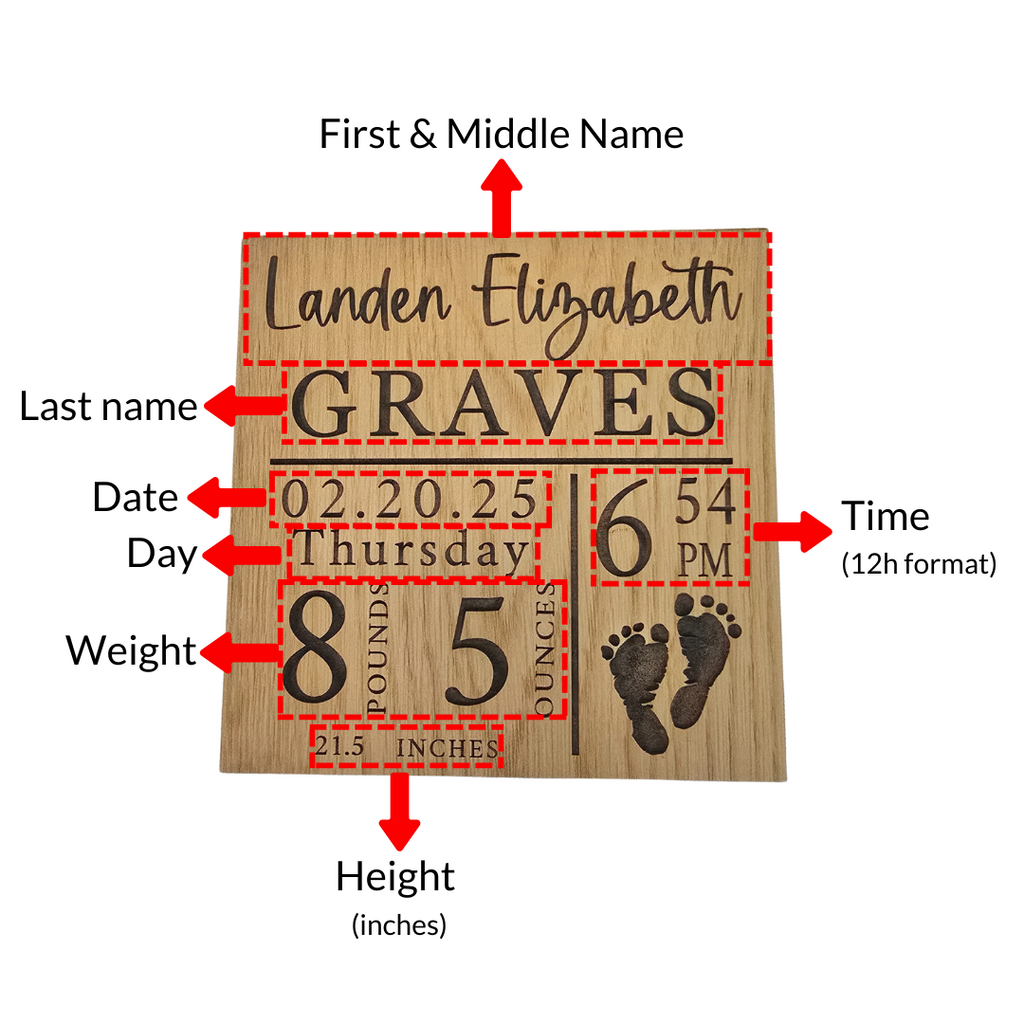 A personalized birth announcement shadow box with the name, birth date, weight, and length of a baby. The box is framed and displays this information on a wooden panel with a white background, accompanied by a silhouette of a foot.
