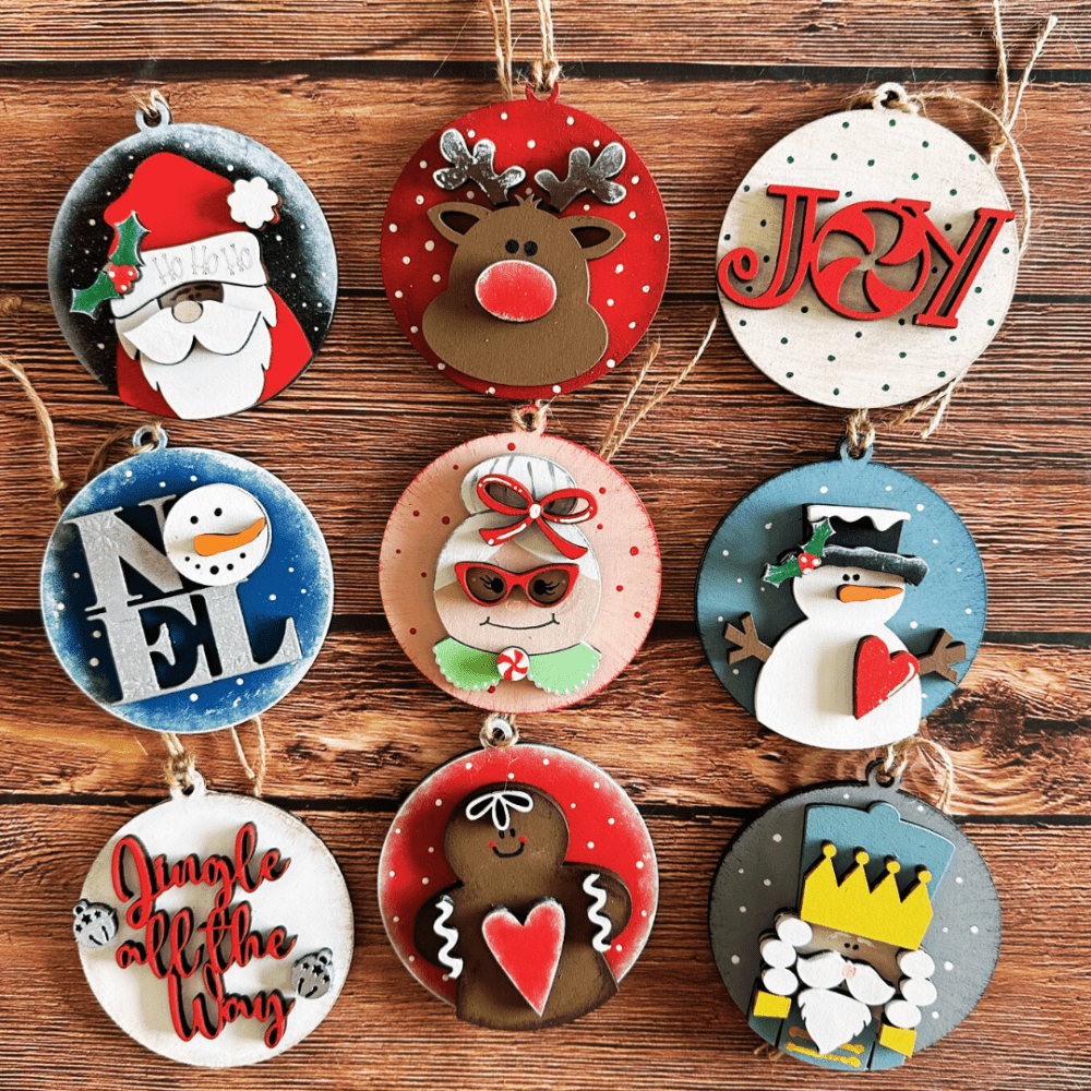 Christmas Holiday Ornament Bundle of 9 ornaments.  Santa, Reindeer, joy, noel, mrs. claus, snowman, jingle all the way, gingerbread man, king