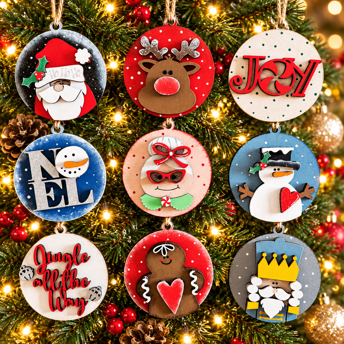Christmas Classics layered wood Christmas ornament set of 9 hanging on a lit tree: Santa, reindeer, JOY, NOEL snowman, Mrs. Claus, snowman, Jingle All the Way, gingerbread and nutcracker, cut by Rise and Shine Gifts in Dothan, Alabama OR-012