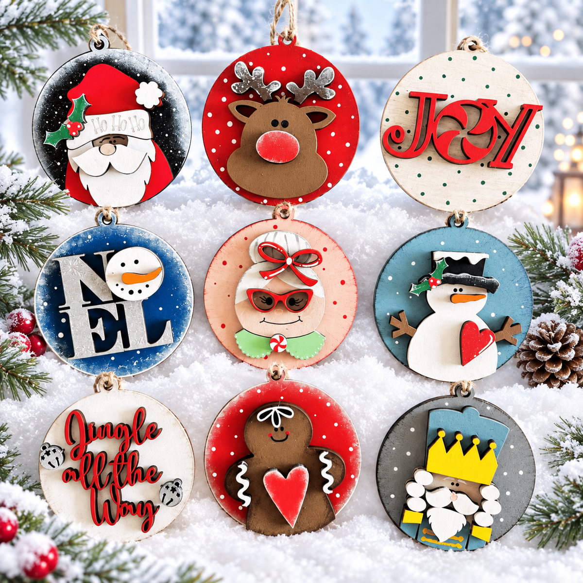 Christmas Classics set of 9 painted layered wood ornaments in a snowy window display, cut by Rise and Shine Gifts in Dothan, Alabama OR-012