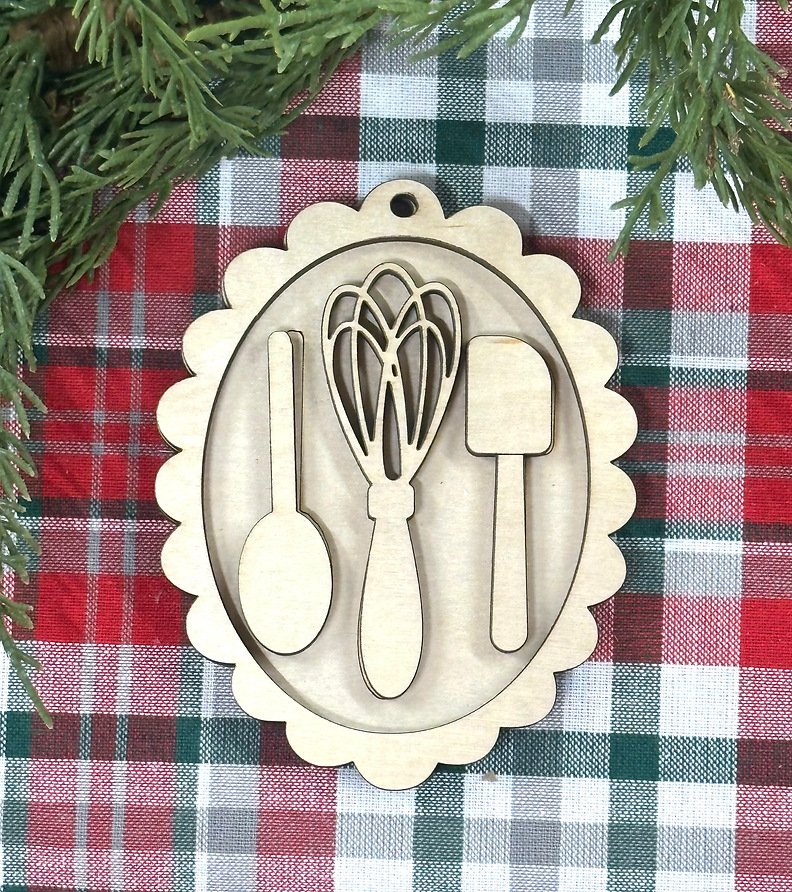Unpainted layered wood Cooking Utensils scalloped Christmas ornament with spoon, whisk and spatula, from Rise and Shine Gifts in Dothan, Alabama SHINE-OR-014