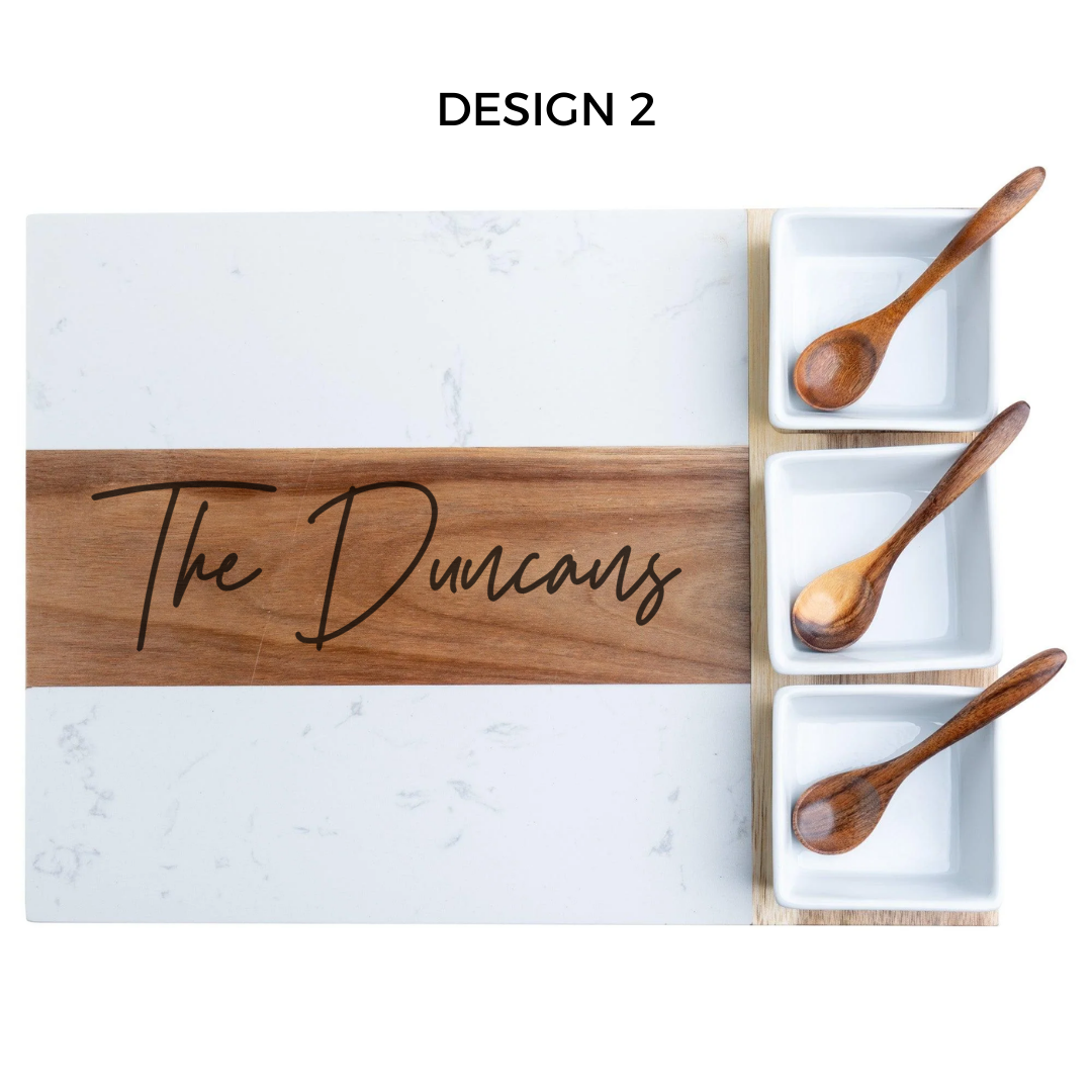 Design 2 laser engraved.   Personalized Charcuterie Board! Crafted from stunning acacia wood and marble, this 11-piece set is the perfect gift for couples or for housewarming parties. 