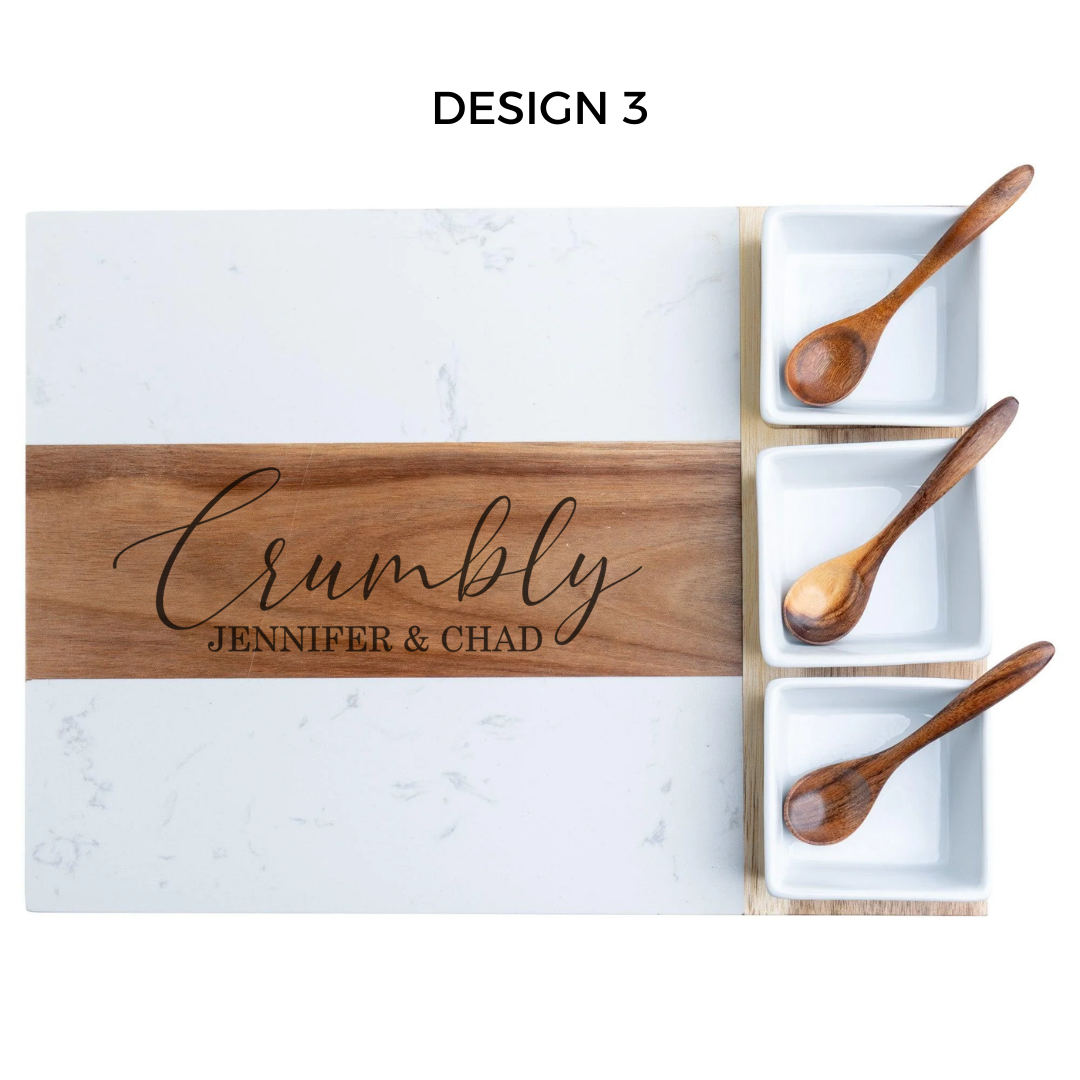 Design 3 custom laser engraved on a board  Personalized Charcuterie Board! Crafted from stunning acacia wood and marble, this 11-piece set is the perfect gift for couples or for housewarming parties. 