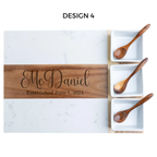 Design 4 custom laser engraved on a wood and marble board   Personalized Charcuterie Board! Crafted from stunning acacia wood and marble, this 11-piece set is the perfect gift for couples or for housewarming parties. 