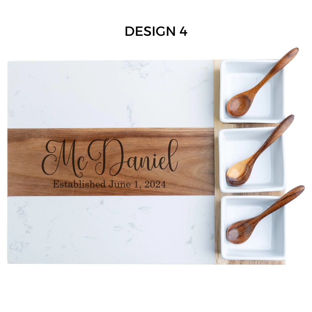 Design 4 custom laser engraved on a wood and marble board   Personalized Charcuterie Board! Crafted from stunning acacia wood and marble, this 11-piece set is the perfect gift for couples or for housewarming parties. 