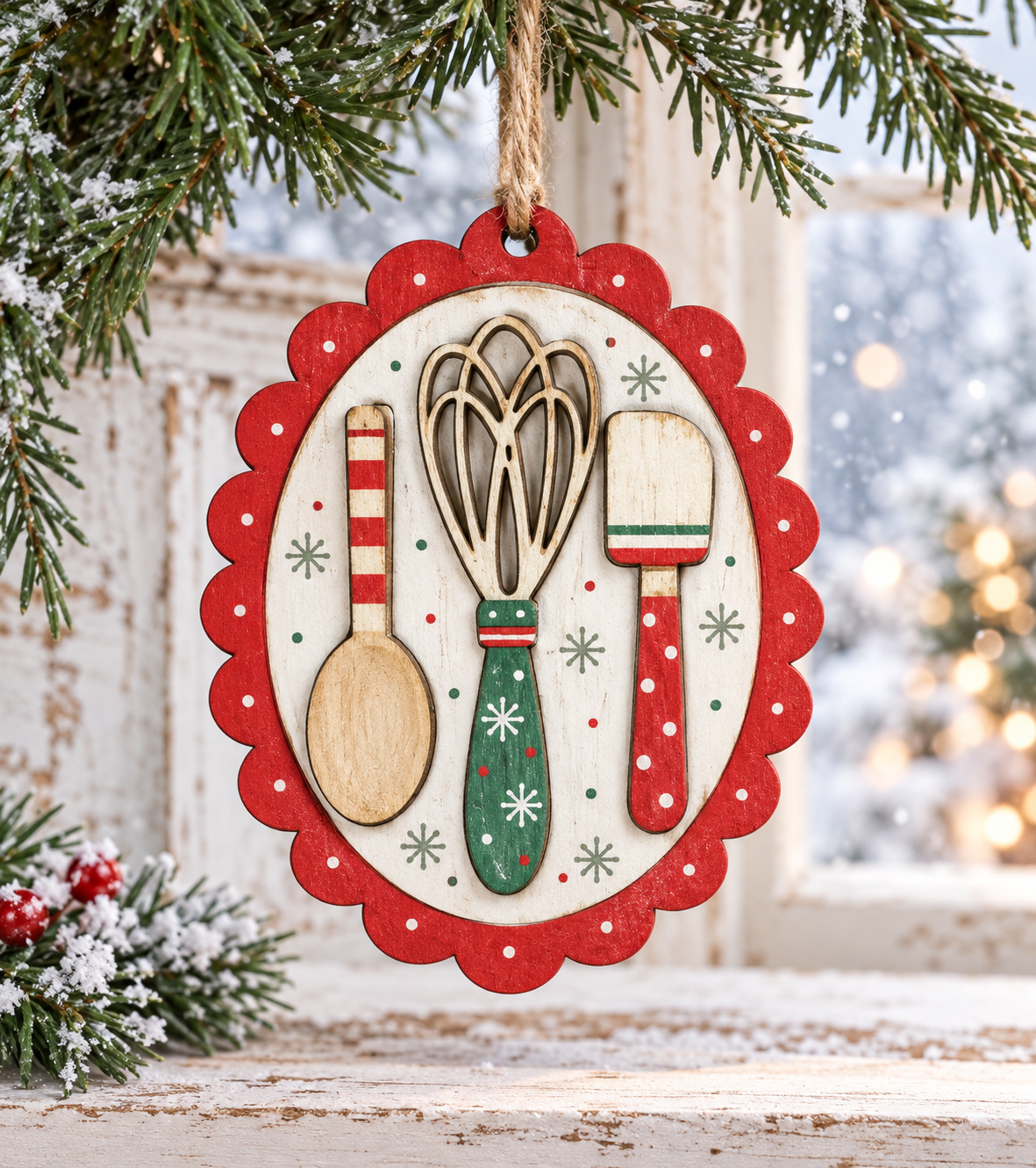 Cooking Utensils Scalloped Wood Christmas Ornament OR-014