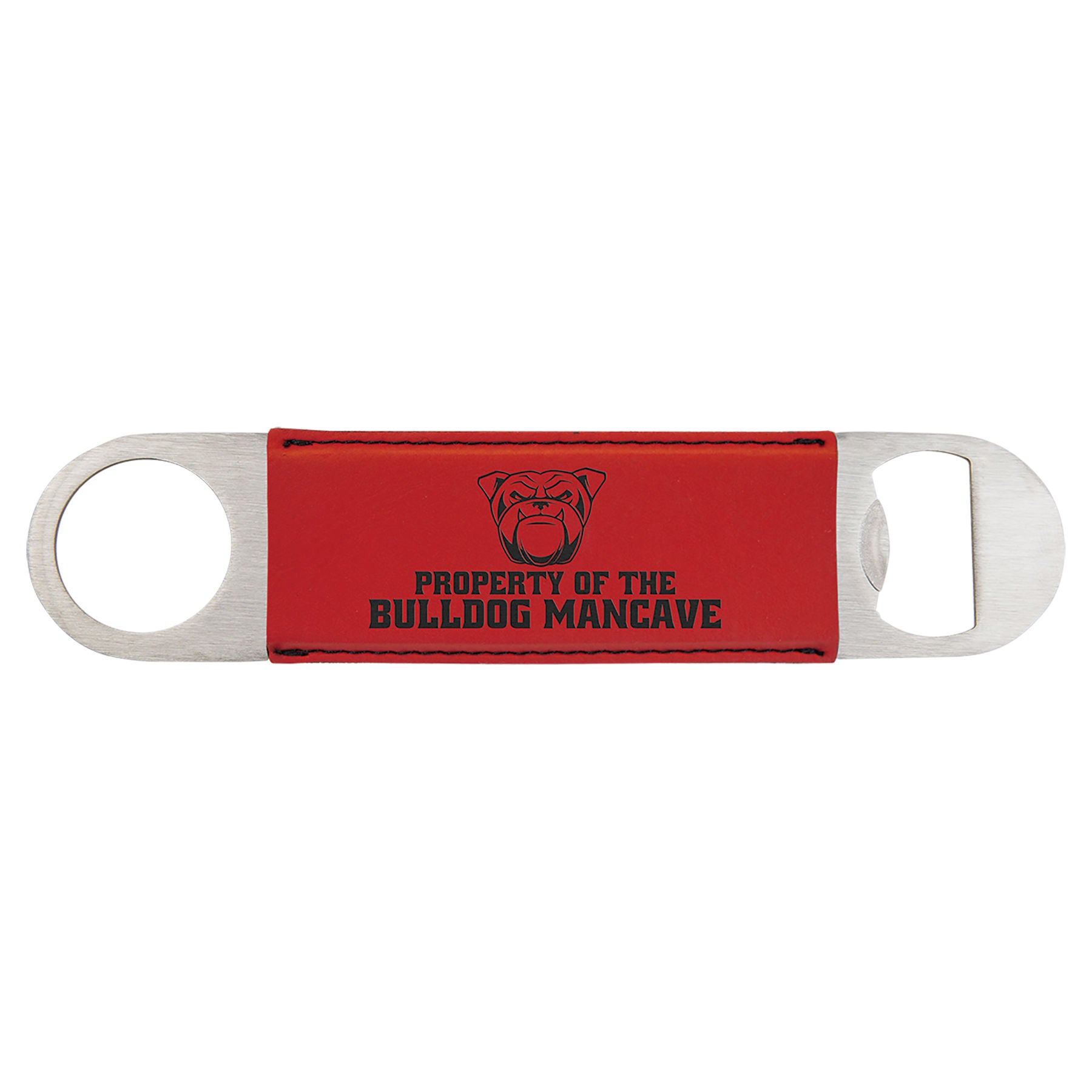 1 1/2" x 7" Red/Engraves Black Laserable Leatherette Bottle Opener 