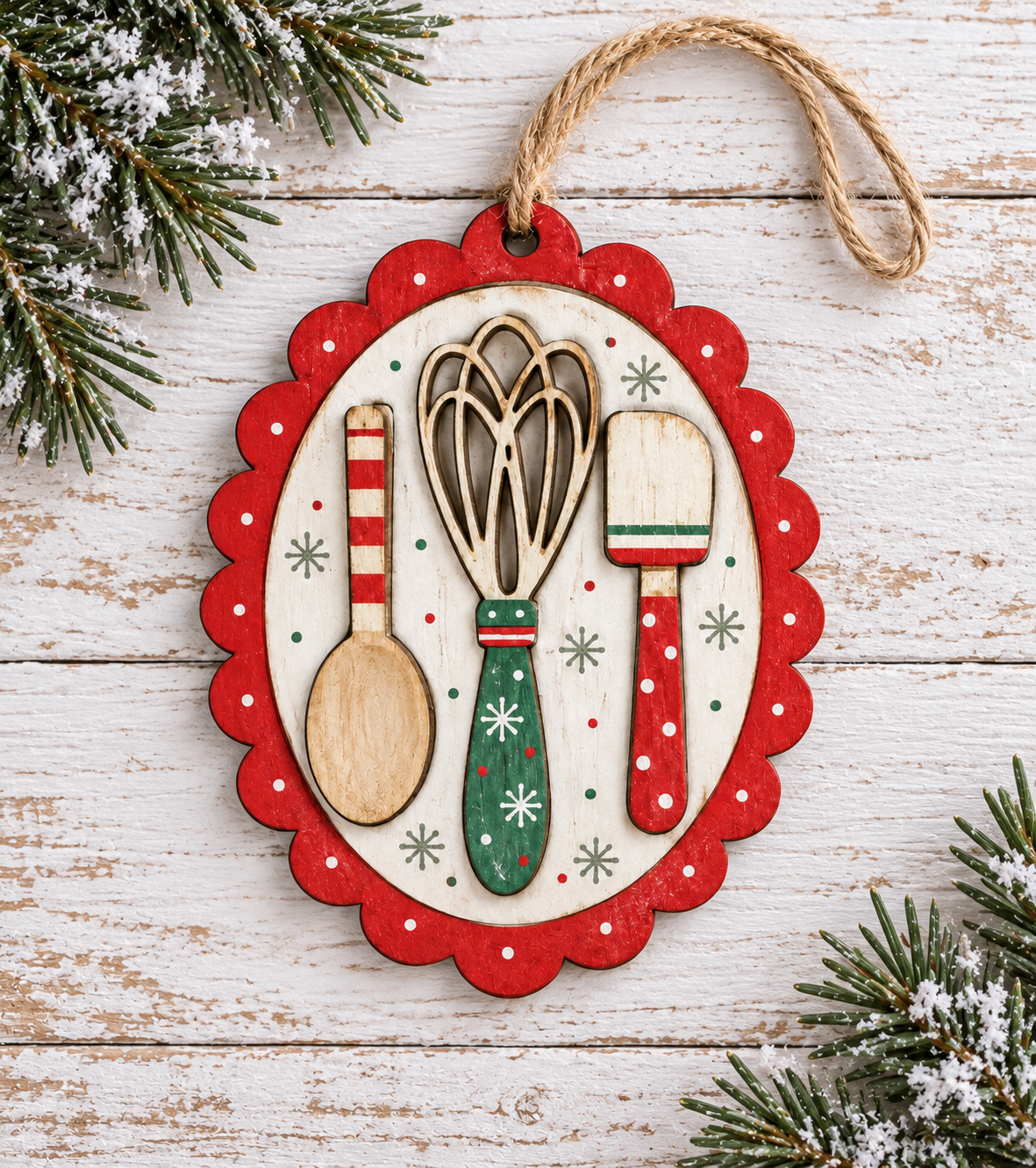 Cooking Utensils Scalloped Wood Christmas Ornament OR-014