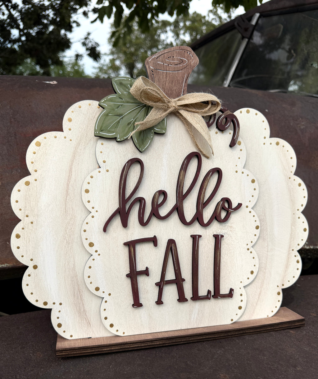 Hello Fall Scalloped Pumpkin Shelf Sitter SHINE-SS-001