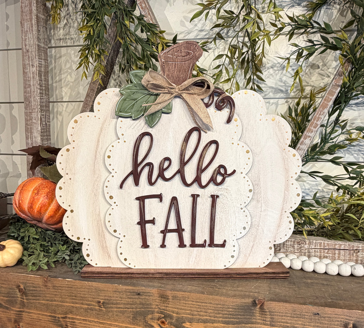 Hello Fall Scalloped Pumpkin Shelf Sitter SHINE-SS-001