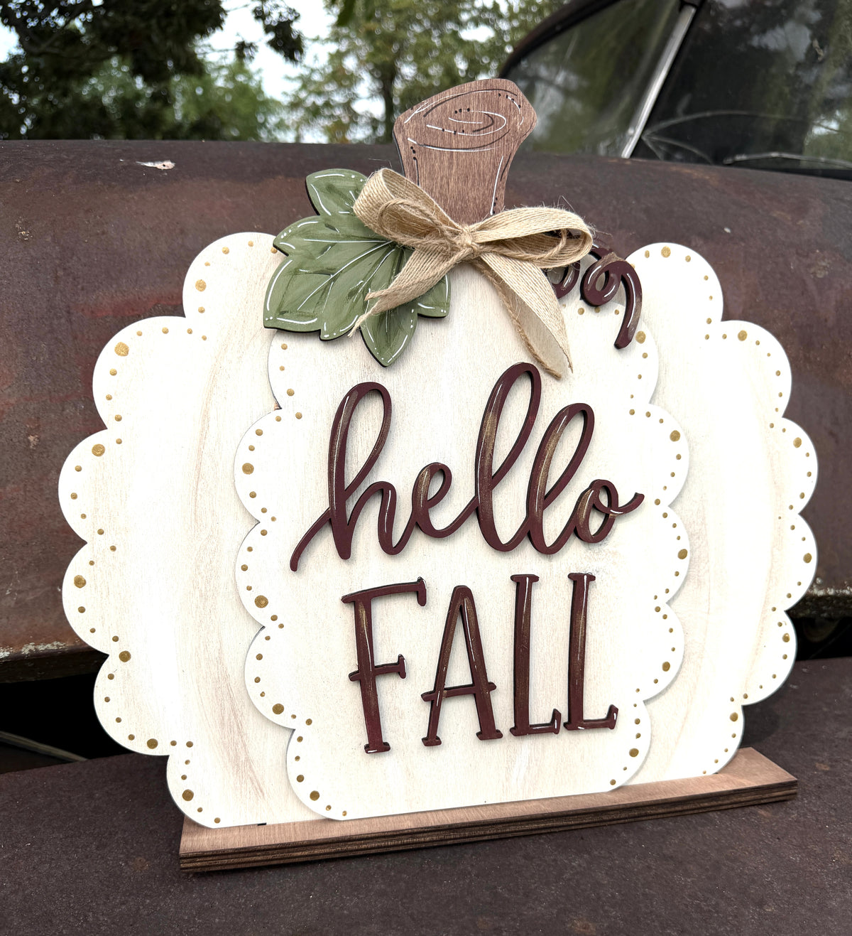 Hello Fall Scalloped Pumpkin Shelf Sitter SHINE-SS-001