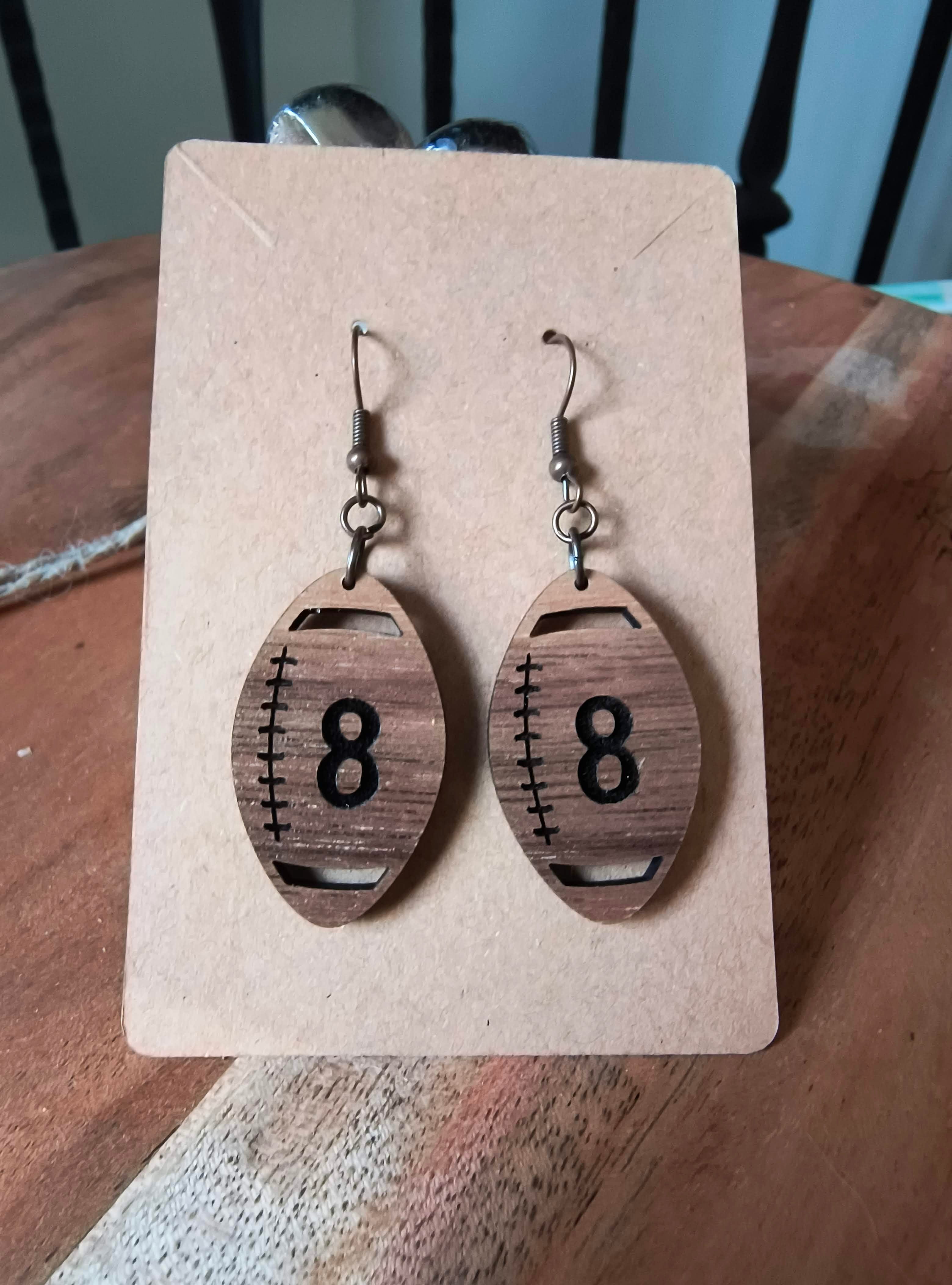 Personalized Engraved Walnut Wood Dangle, Nickel Free Football Shaped Earrings