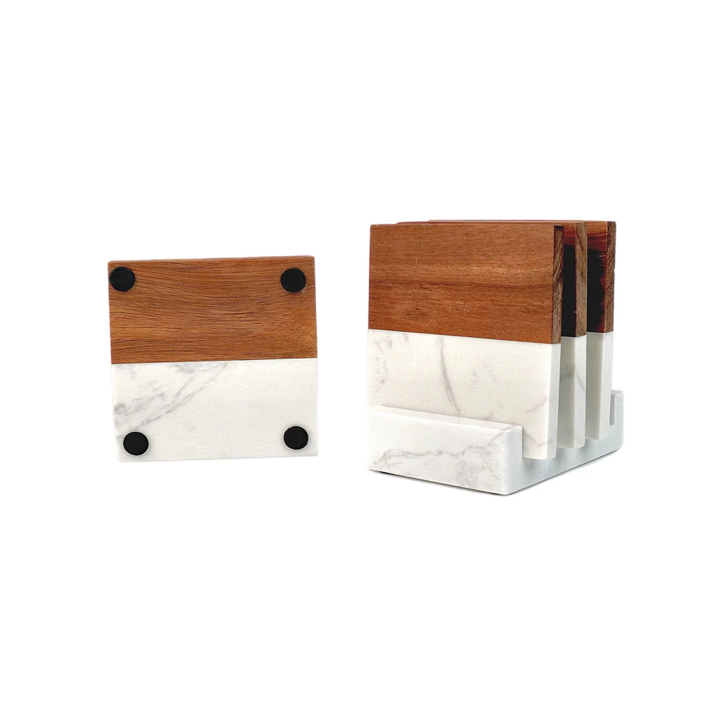 Two wooden and marble coasters on a white background