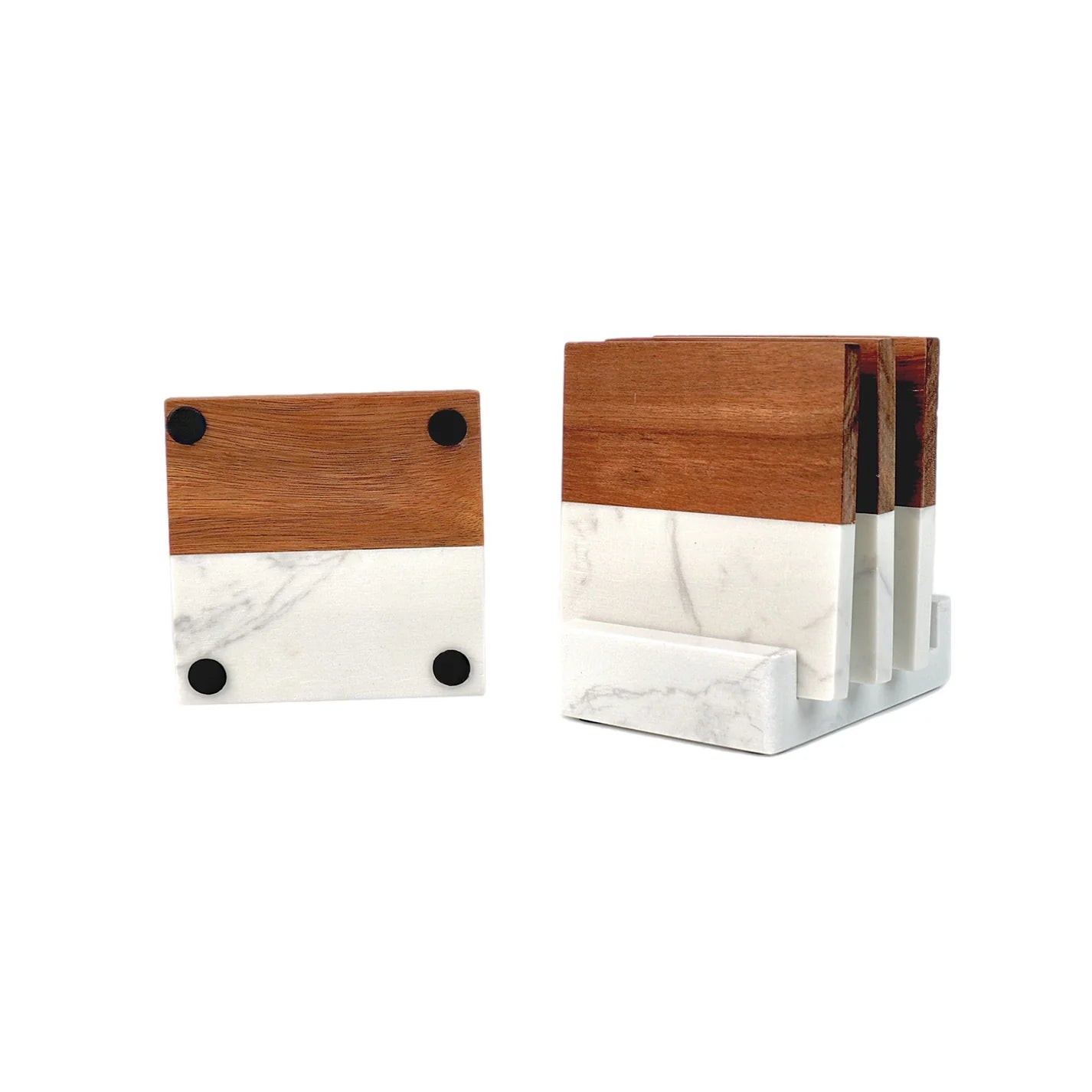 Two wooden and marble coasters on a white background