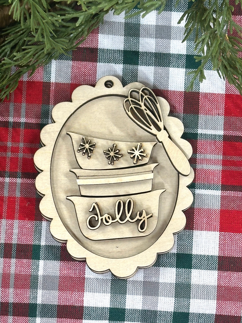 Unpainted layered wood Jolly Mixing Bowls scalloped Christmas ornament with stacked snowflake bowls and whisk, from Rise and Shine Gifts in Dothan, Alabama SHINE-OR-016