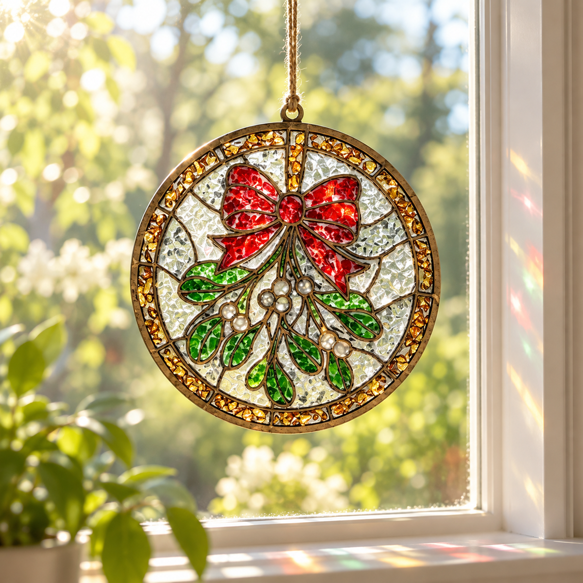 Mistletoe crushed glass and resin Christmas suncatcher made at a Rise and Shine Gifts workshop in Dothan, Alabama SHINE-WS-003