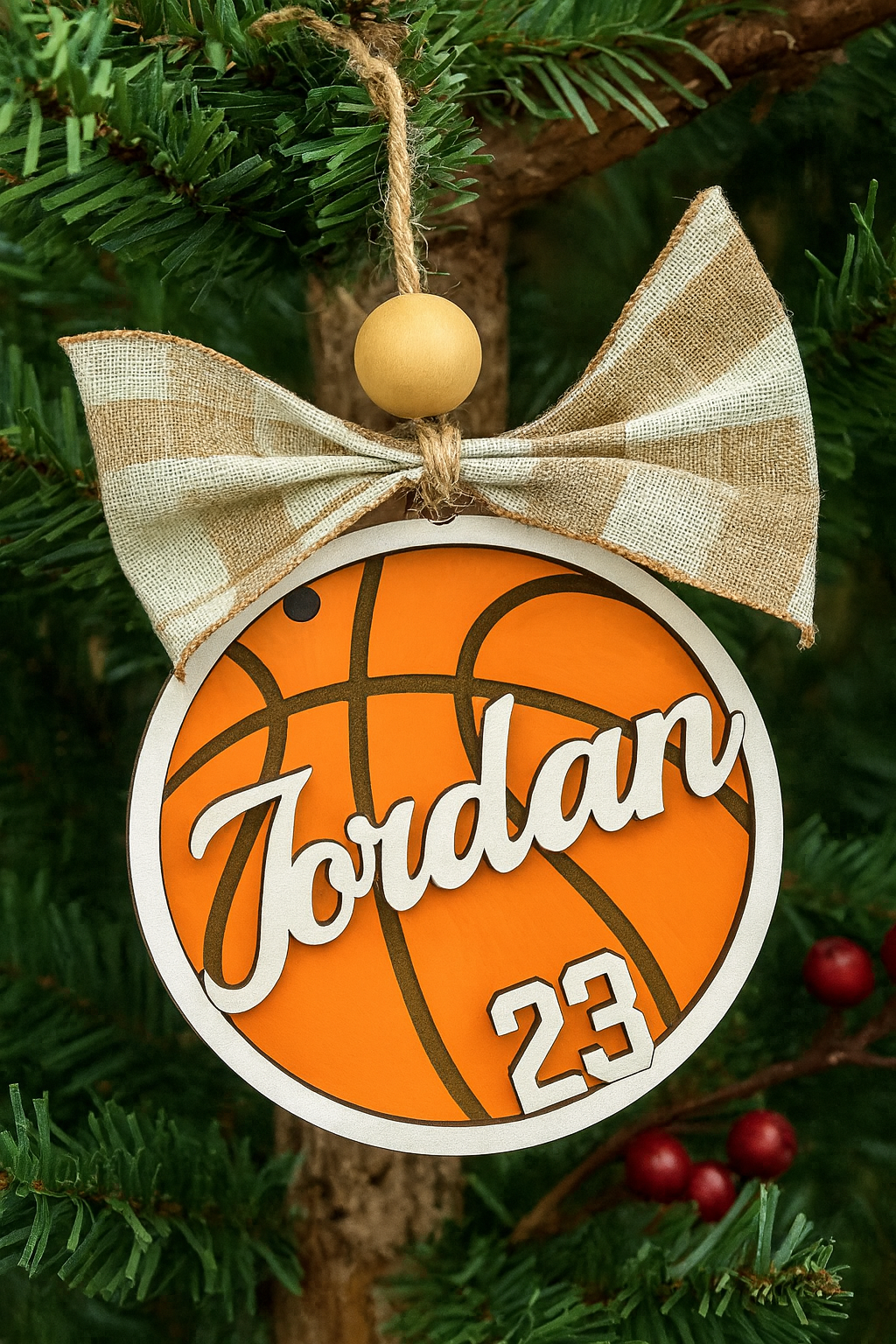 Personalized basketball name and jersey number layered wood Christmas ornament with bow, cut by Rise and Shine Gifts in Dothan, Alabama OR-037