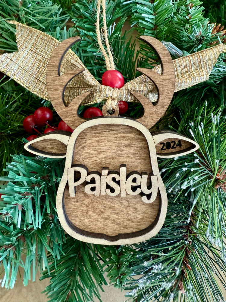 Personalized reindeer name layered wood Christmas ornament with year, cut by Rise and Shine Gifts in Dothan, Alabama OR-036