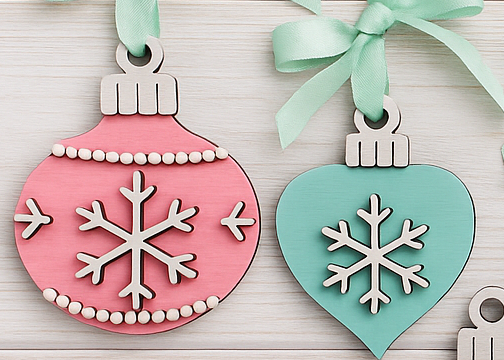 Set of eight retro-style layered wooden Christmas ornaments by Rise and Shine Gifts, shown with greenery and mint ribbons. DIY paint kit for Take & Make, craft parties, and pop-up events in Dothan, Alabama