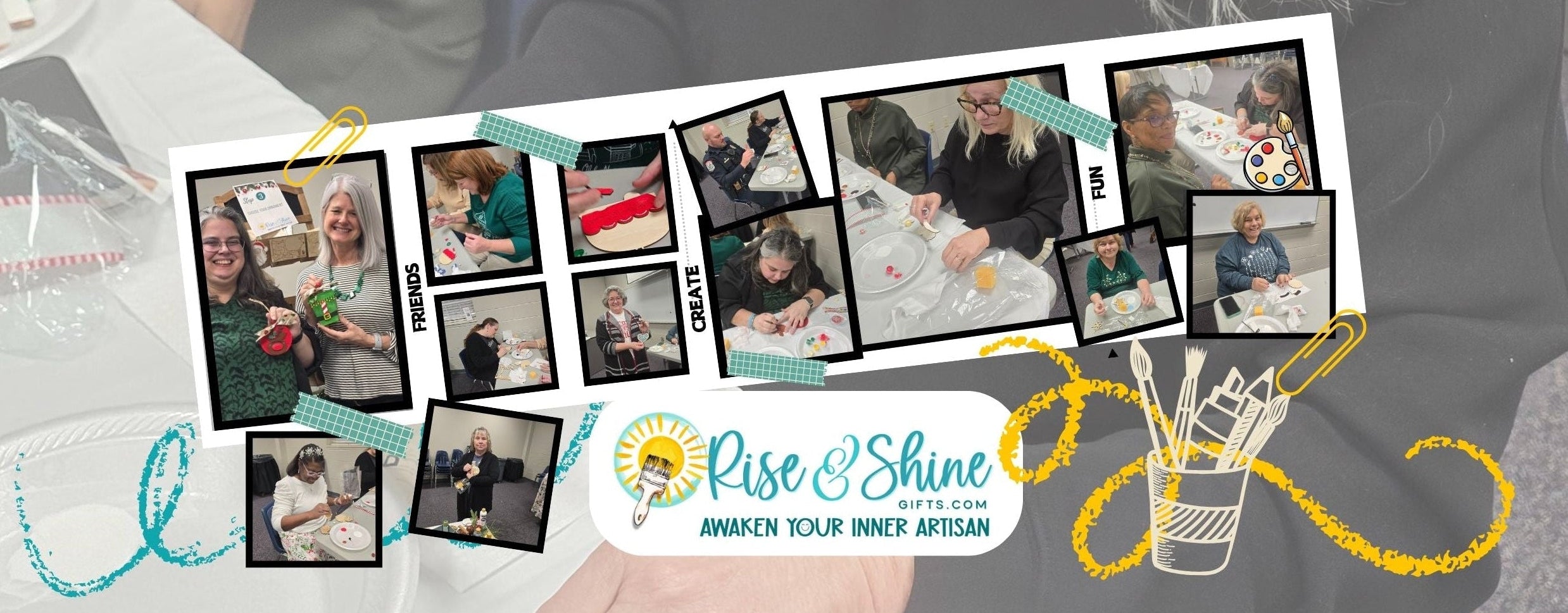 Collage of adults creating crafts at a Rise and Shine Gifts staff workshop held at Troy University Dothan, painting ornaments and handmade projects while gathering around tables.