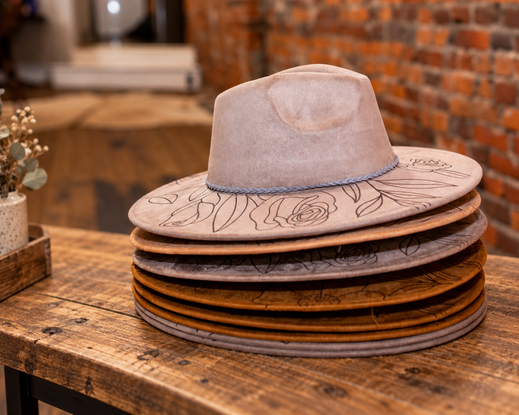 A stack of wide-brim fedora hats in muted beige, brown, and gray tones, with floral line-art engravings on the brims, displayed on a rustic wooden table in front of a brick wall. Hat Burning and Hat Bar Workshop by Rise and Shine Gifts in Dothan, Alabama.
