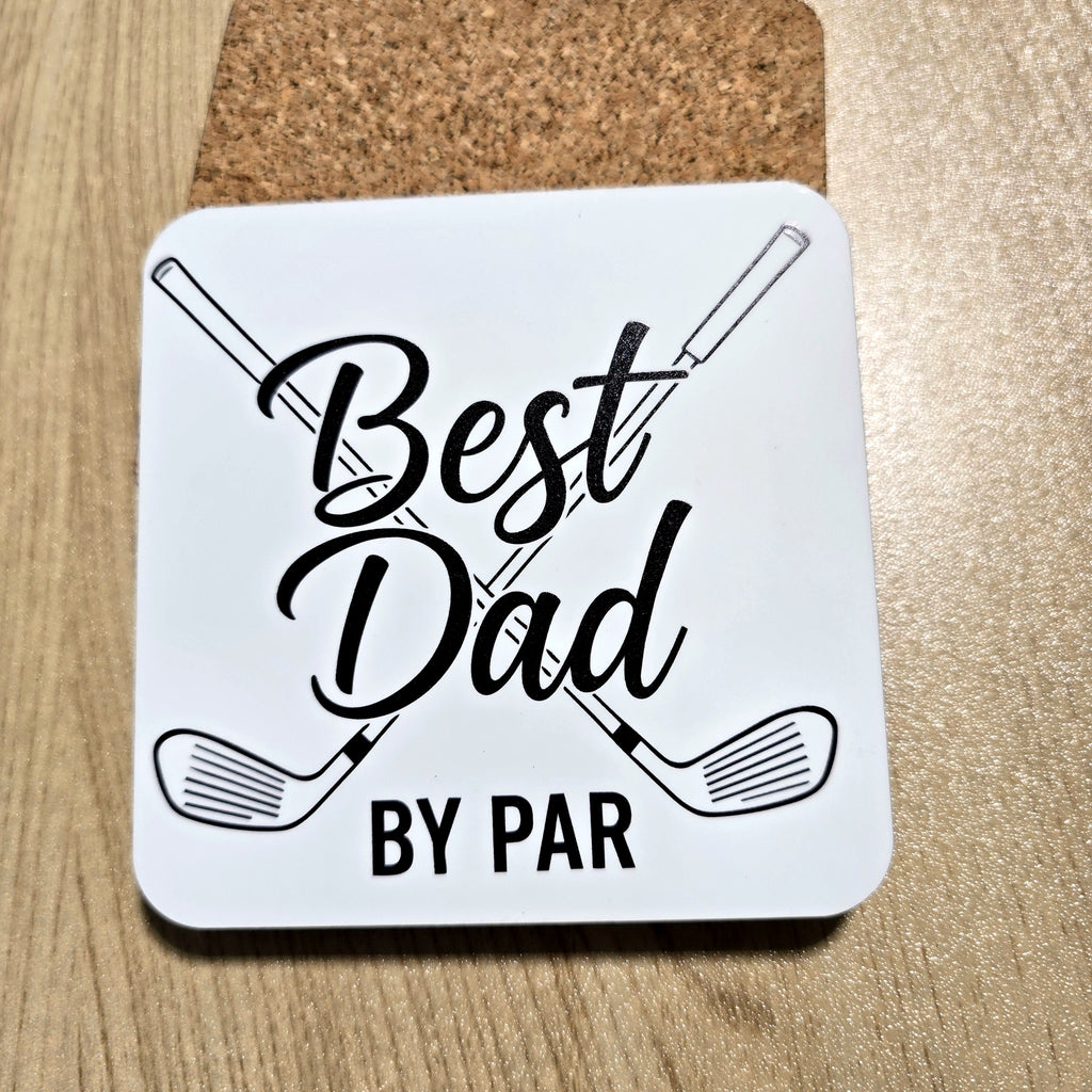 Best Dad By Par crossed golf clubs coaster with cork back, UV printed by Rise and Shine Gifts in Dothan, Alabama SHINE-CS-001