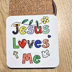 Jesus Loves Me colorful doodle Christian coaster, UV printed by Rise and Shine Gifts in Dothan, Alabama SHINE-CS-002