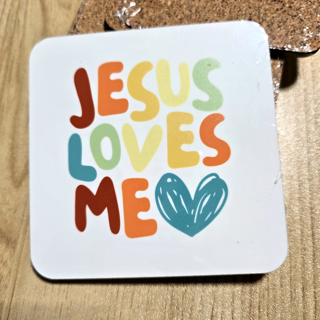 Jesus Loves Me retro color Christian coaster with cork back, UV printed by Rise and Shine Gifts in Dothan, Alabama SHINE-CS-002