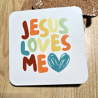 Jesus Loves Me retro color Christian coaster with cork back, UV printed by Rise and Shine Gifts in Dothan, Alabama SHINE-CS-002