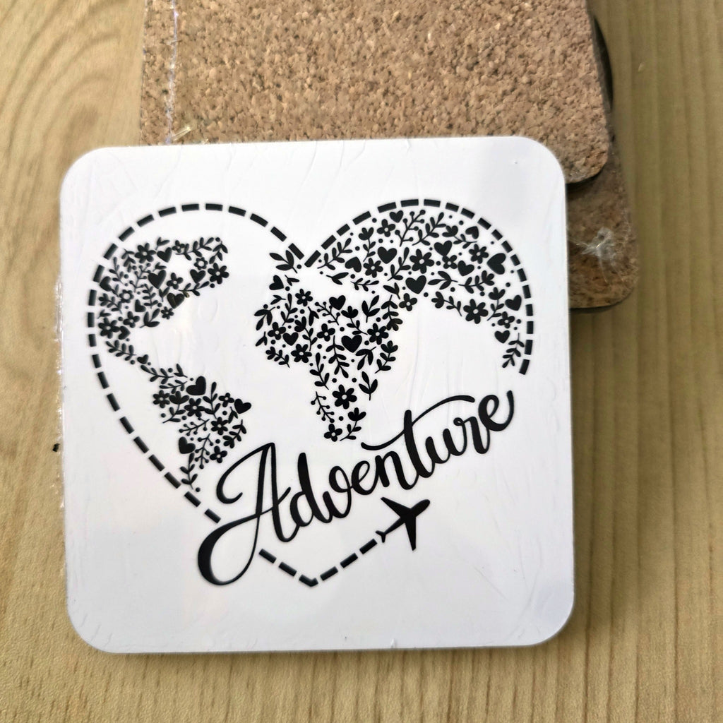Adventure floral world map heart travel coaster, UV printed by Rise and Shine Gifts in Dothan, Alabama SHINE-CS-003