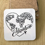 Adventure floral world map heart travel coaster, UV printed by Rise and Shine Gifts in Dothan, Alabama SHINE-CS-003