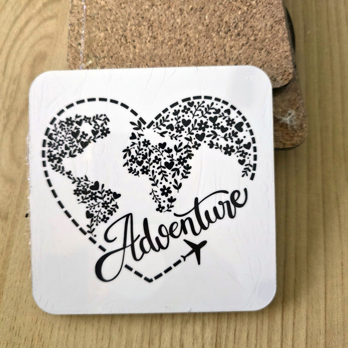 Adventure floral world map heart travel coaster, UV printed by Rise and Shine Gifts in Dothan, Alabama SHINE-CS-003