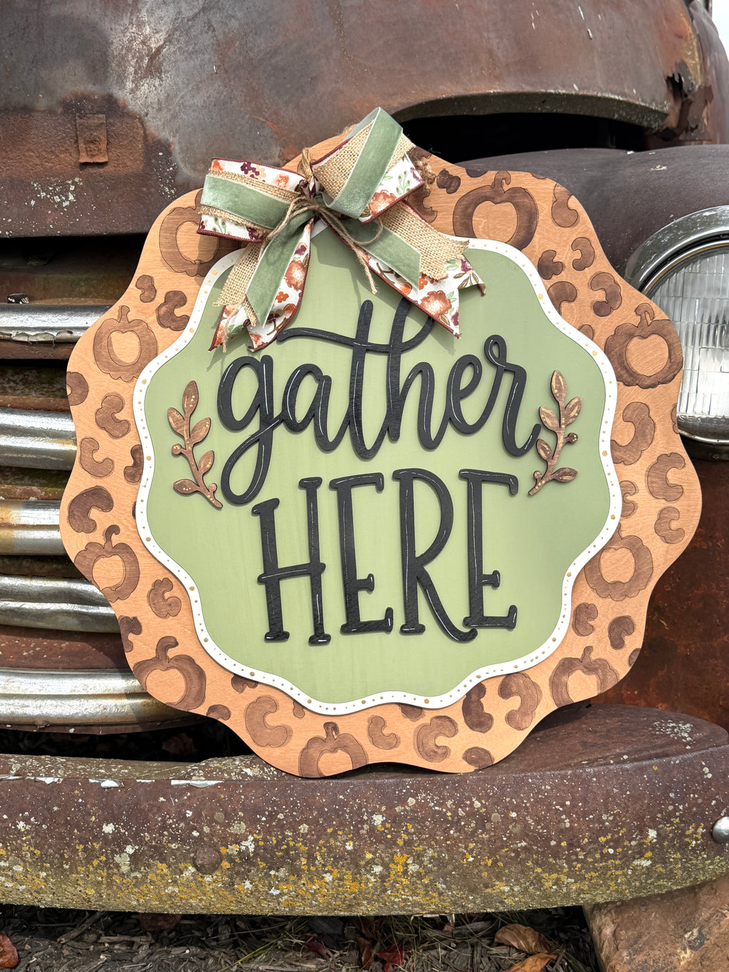 Leopard print pumpkin Gather Here fall front door sign with sage center and raised lettering, cut by Rise and Shine Gifts, Dothan, AL - SHINE-DH-009