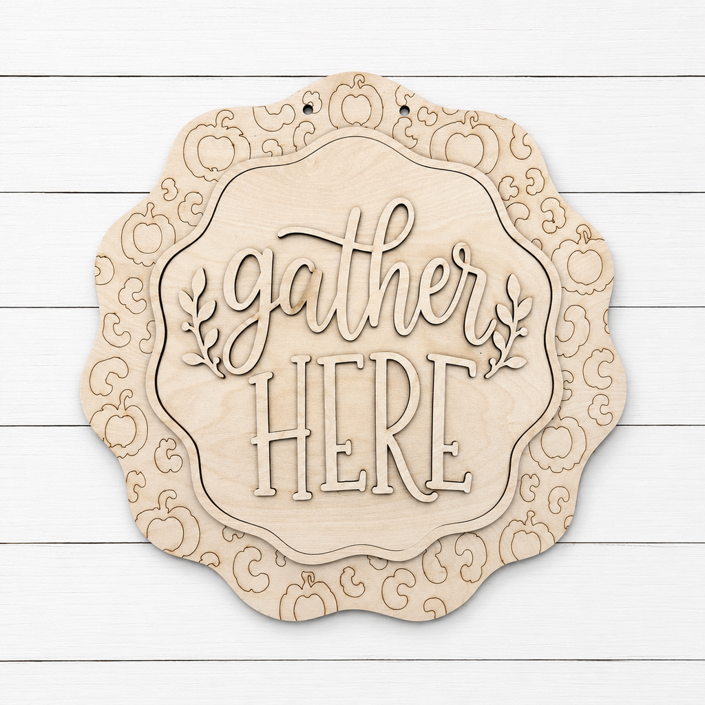 Unpainted laser-cut wood Gather Here scalloped pumpkin door hanger blank, cut by Rise and Shine Gifts in Dothan, Alabama - SHINE-DH-009