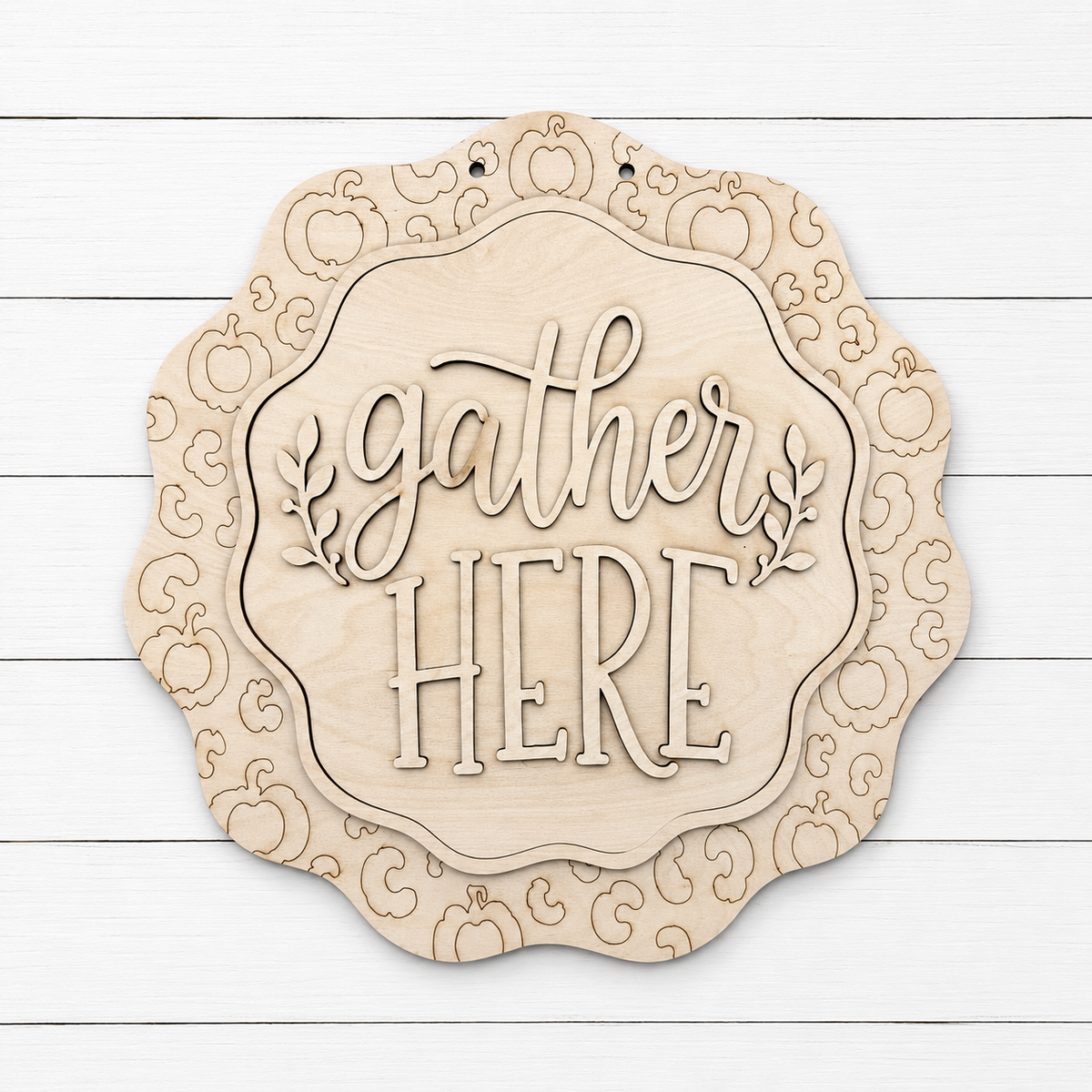 Unpainted laser-cut wood Gather Here scalloped pumpkin door hanger blank, cut by Rise and Shine Gifts in Dothan, Alabama - SHINE-DH-009