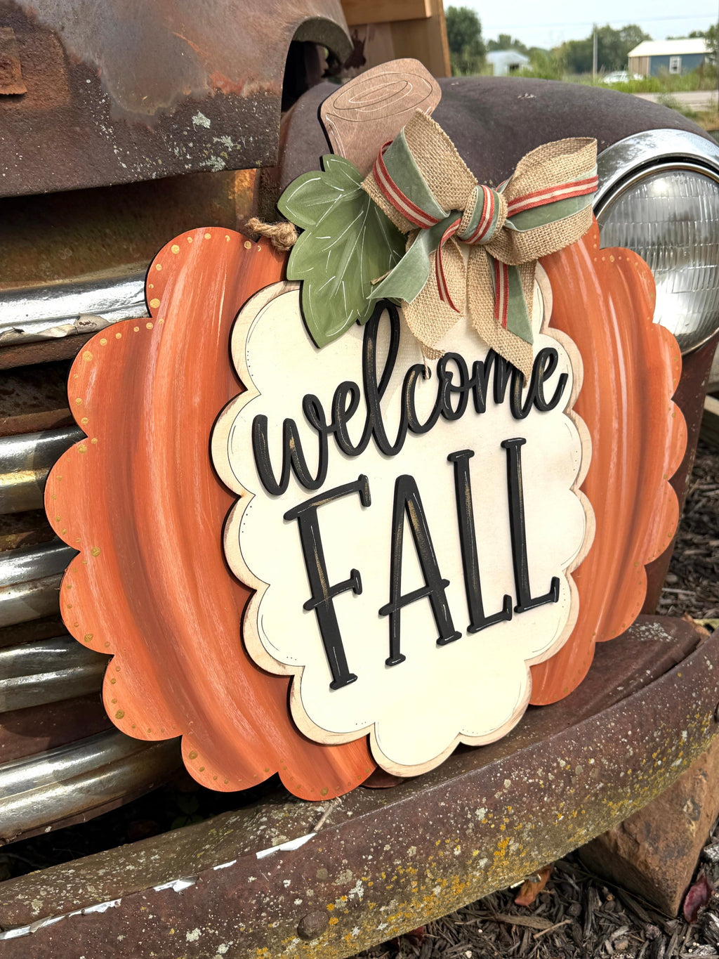 Side view of layered wood Welcome Fall scalloped pumpkin front door sign with raised 3D lettering, cut by Rise and Shine Gifts in Dothan, Alabama - SHINE-DH-011