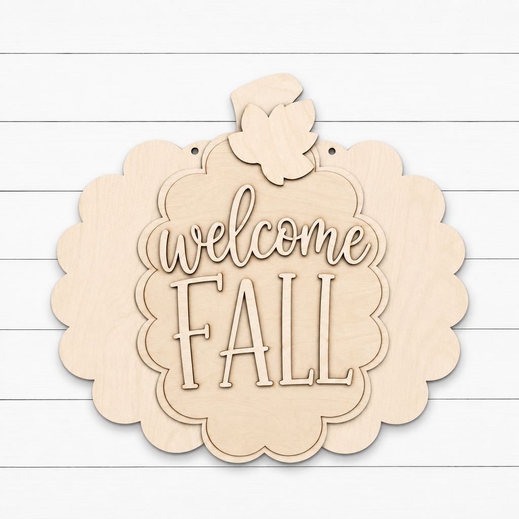 Unpainted laser-cut wood Welcome Fall scalloped pumpkin door hanger blank showing layered design, cut by Rise and Shine Gifts in Dothan, Alabama - SHINE-DH-011