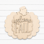 Unpainted laser-cut wood Welcome Fall scalloped pumpkin door hanger blank showing layered design, cut by Rise and Shine Gifts in Dothan, Alabama - SHINE-DH-011