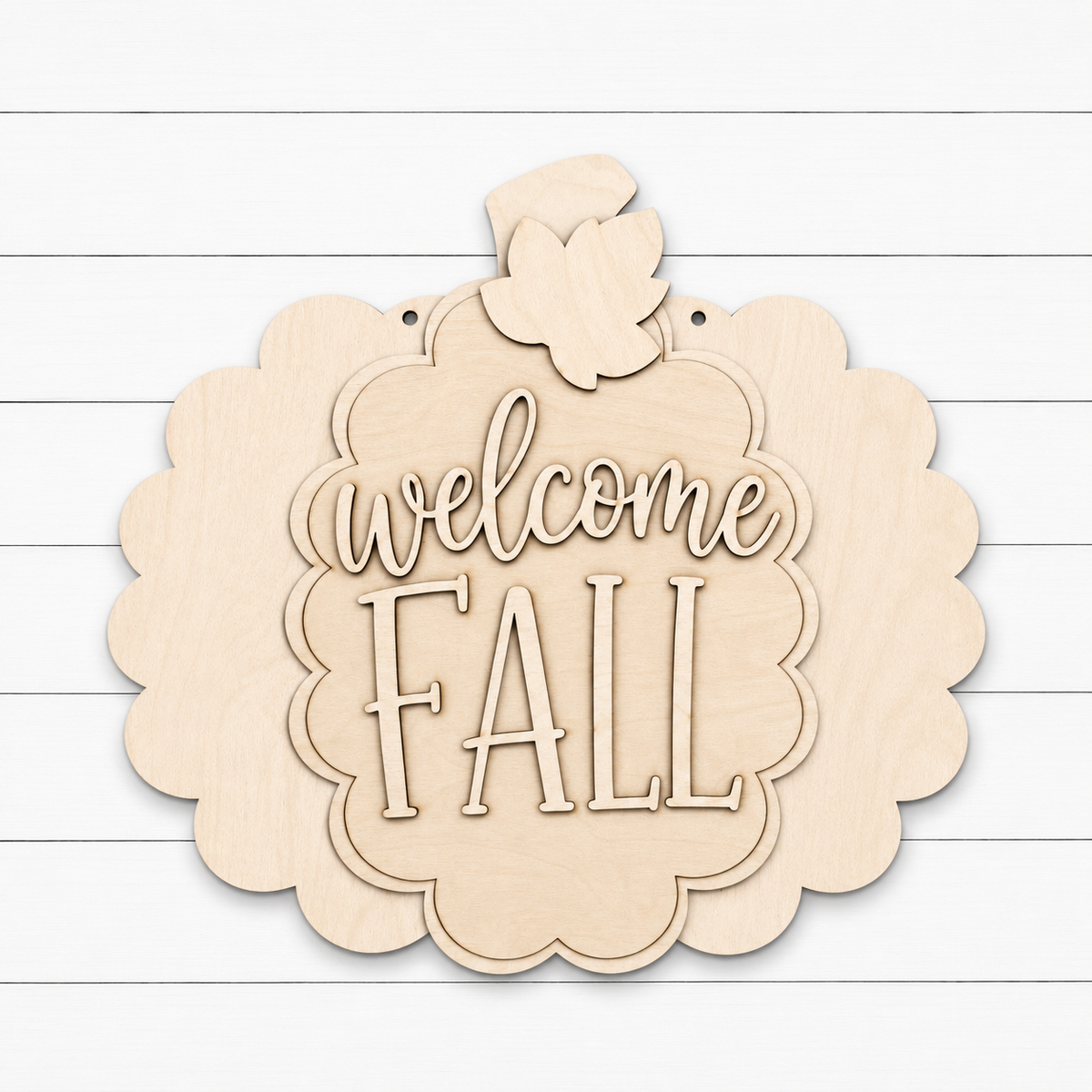 Unpainted laser-cut wood Welcome Fall scalloped pumpkin door hanger blank showing layered design, cut by Rise and Shine Gifts in Dothan, Alabama - SHINE-DH-011